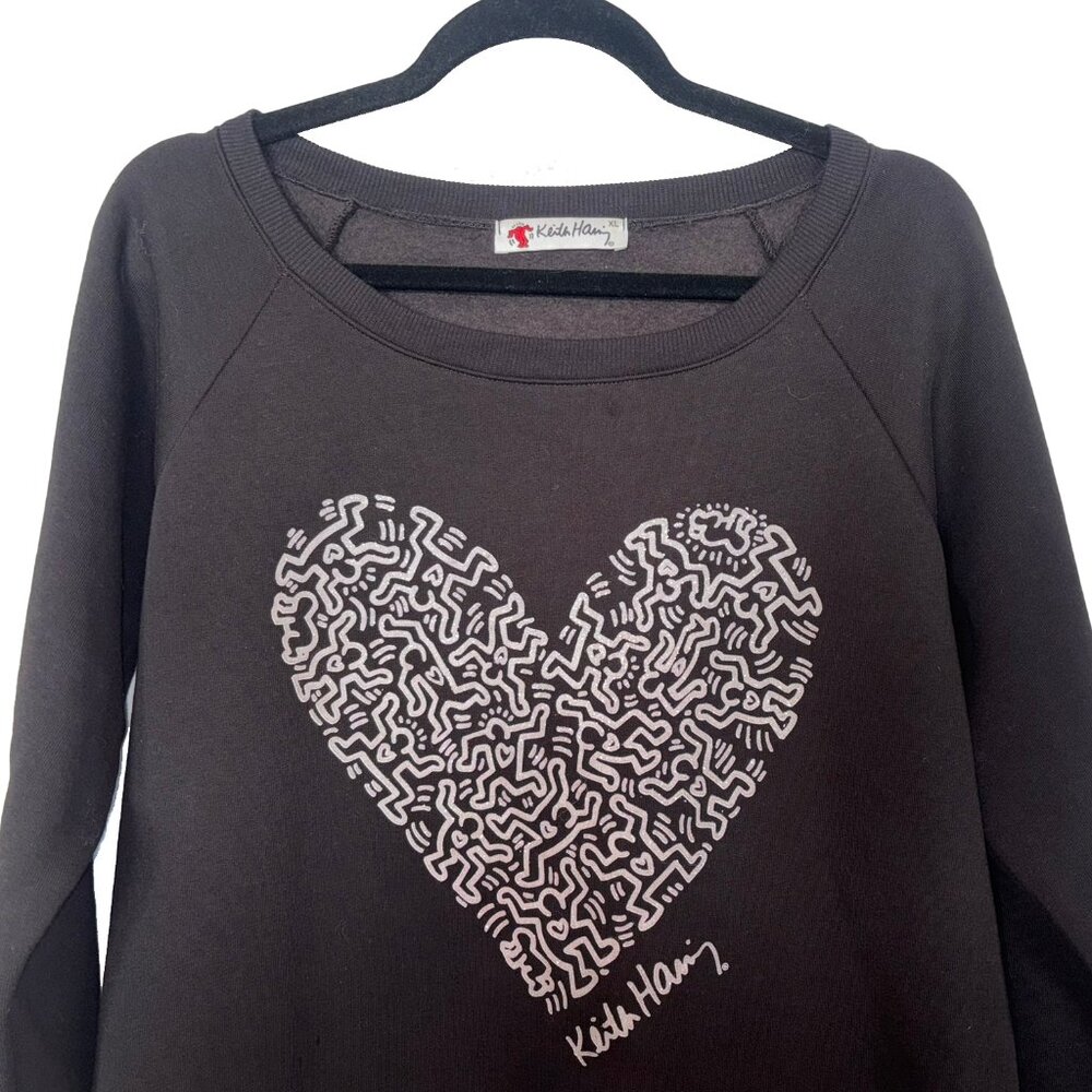 Keith Haring Black & Silver Sparkle Heart Crewneck Sweatshirt - Size XL